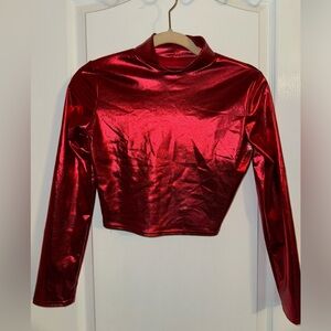 Girls Red Metallic Long Sleeved Half Shirt Size Small
